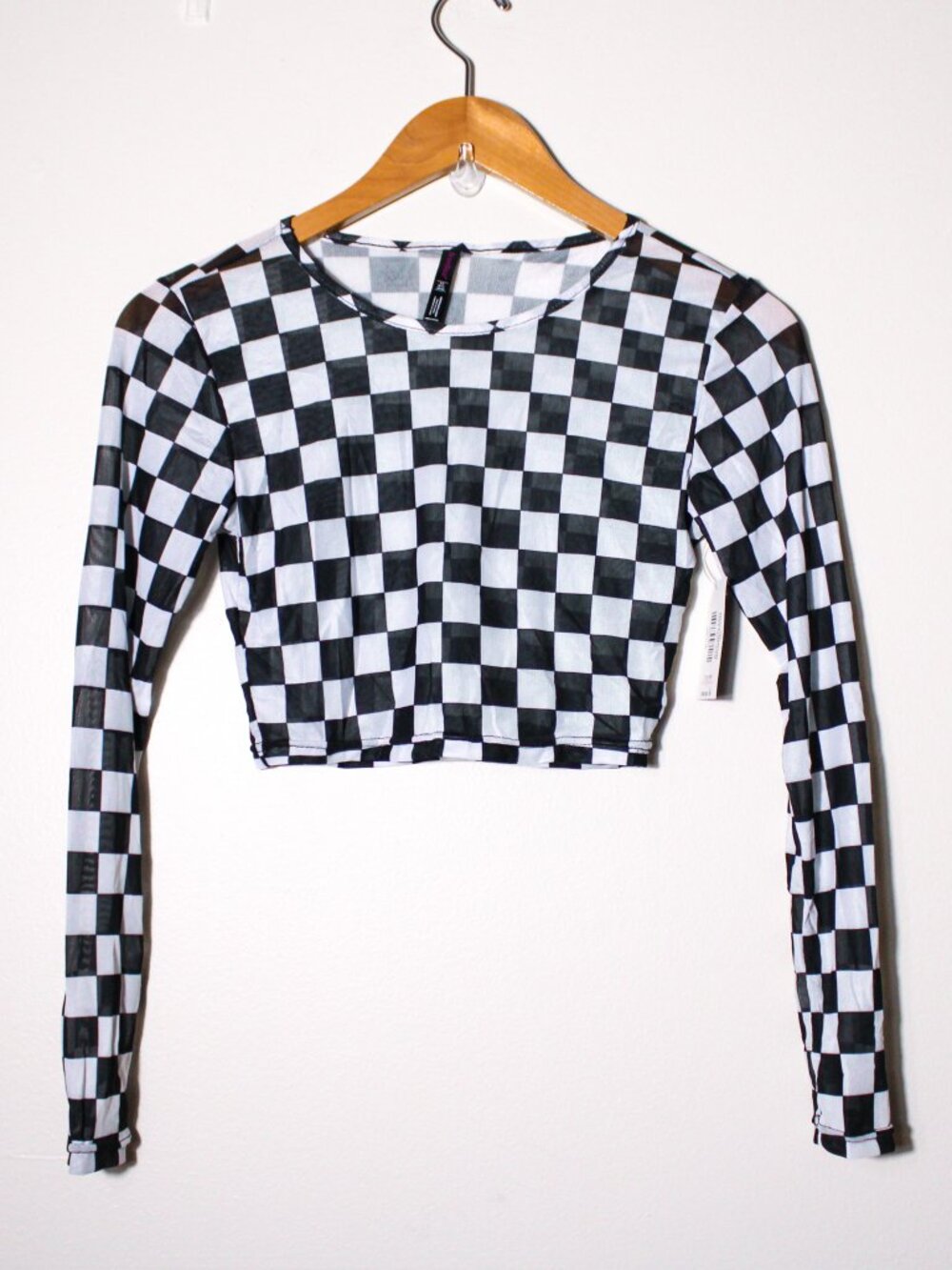 Sheer Mesh Cropped Long Sleeve Top Black & White Checkered Rave Festival S/M